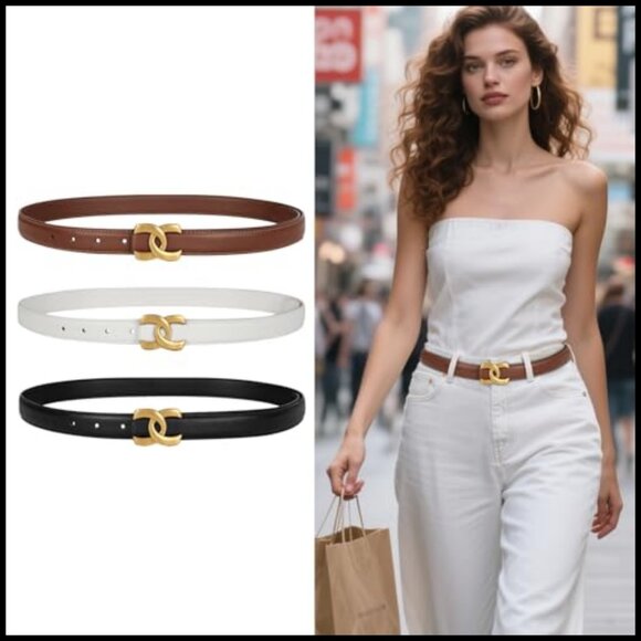 Leather Belt Classic Gold Buckle Adjustable Fashion Waist Belt for Jeans Dresses